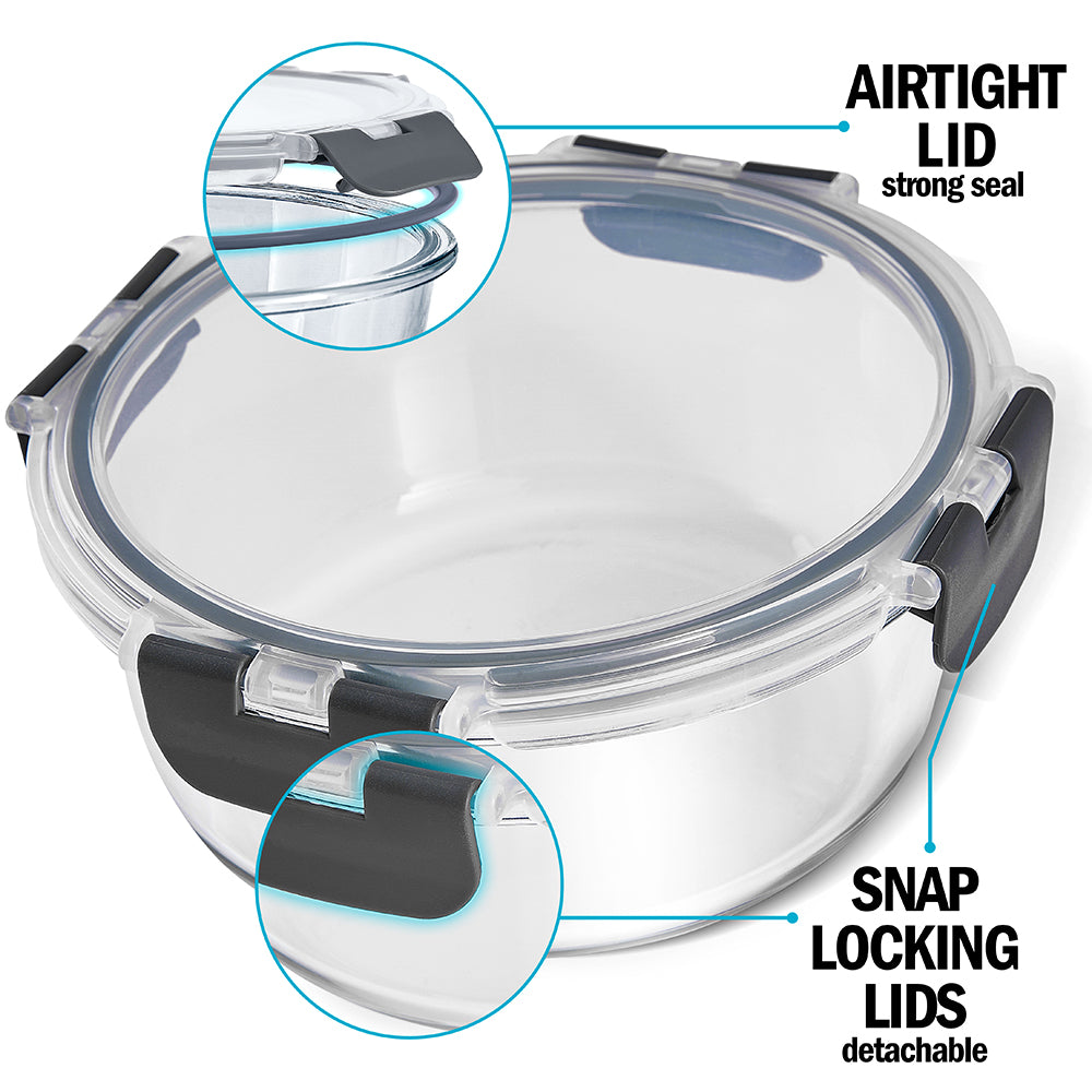 Round Glass Meal Prep Containers with Locking Lids - 3 Pack
