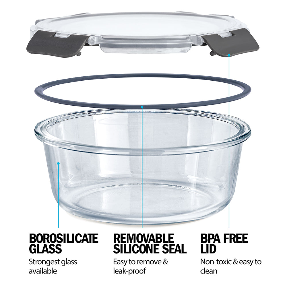 Round Glass Meal Prep Containers with Locking Lids - 3 Pack