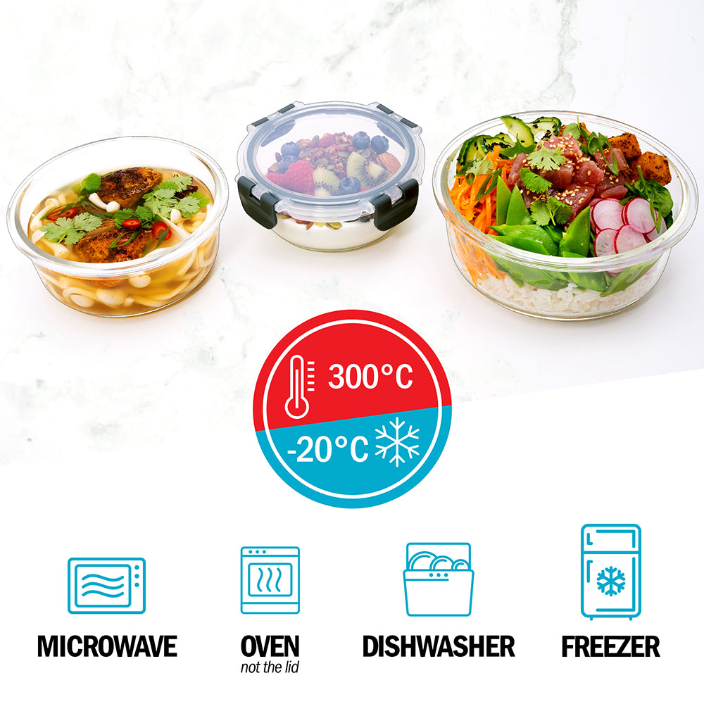 Round Glass Meal Prep Containers with Locking Lids - 3 Pack