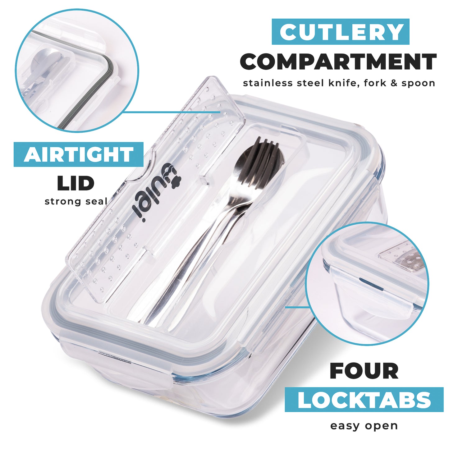 Glass Containers with Cutlery Lid - 1050 ml - 3 PACK