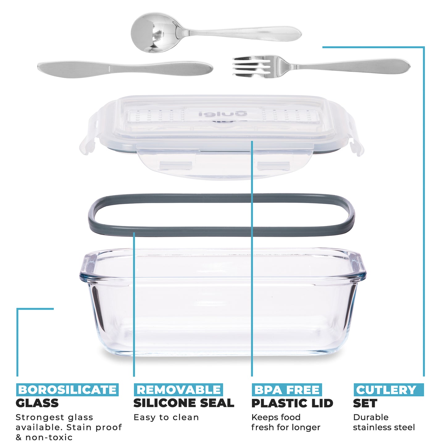 Glass Containers with Cutlery Lid - 1050 ml - 3 PACK
