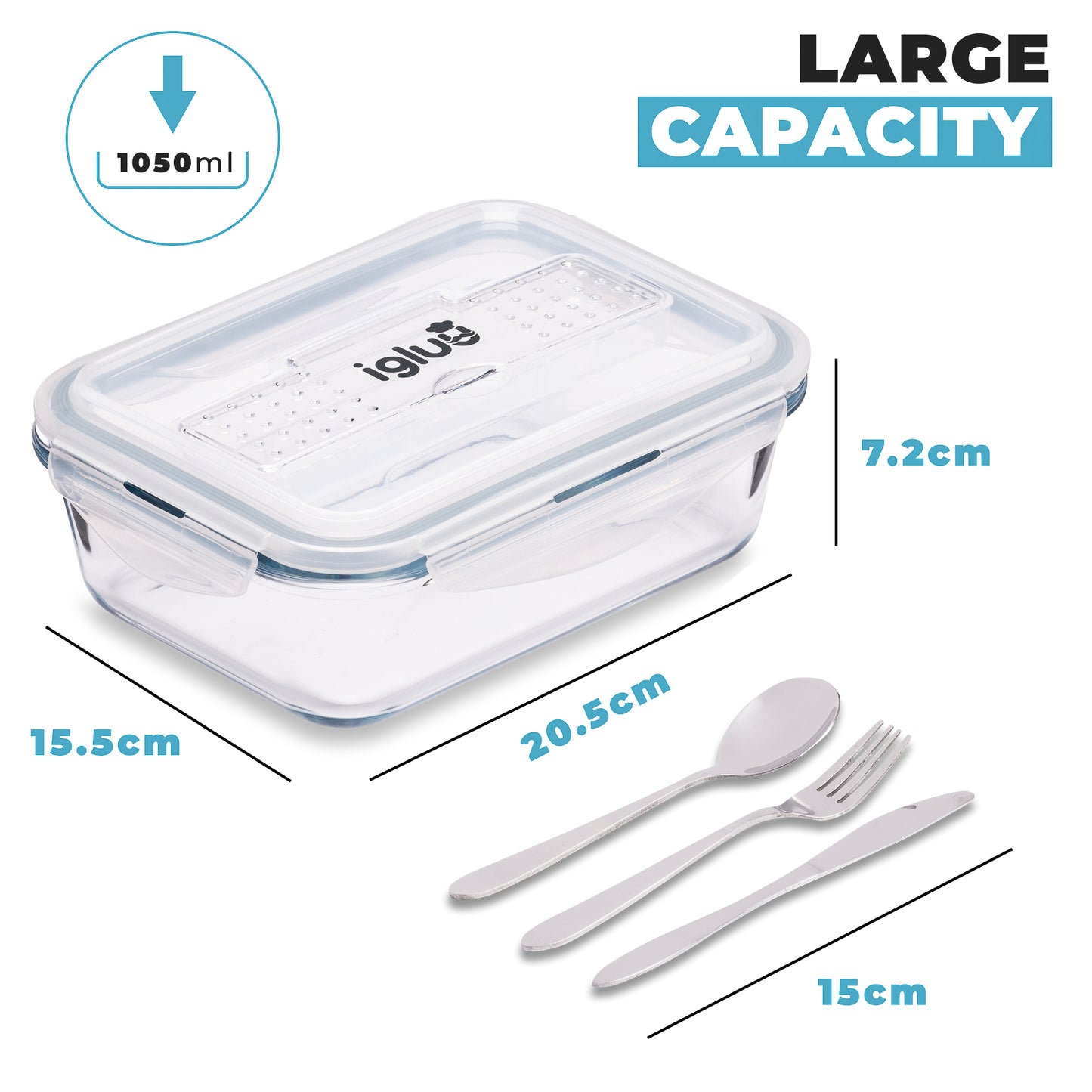 Glass Containers with Cutlery Lid - 1050 ml - 3 PACK