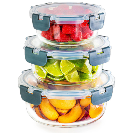 Round Glass Meal Prep Containers with Locking Lids - 3 Pack