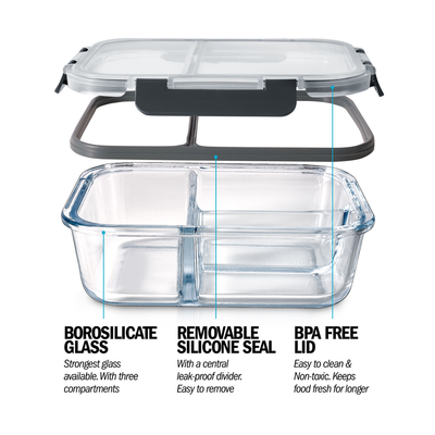 3 Compartment Glass Meal Prep Containers with Locking Lids - 3 Pack