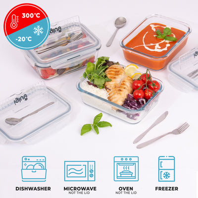 Glass Containers with Cutlery Lid Compartment -3 Pack